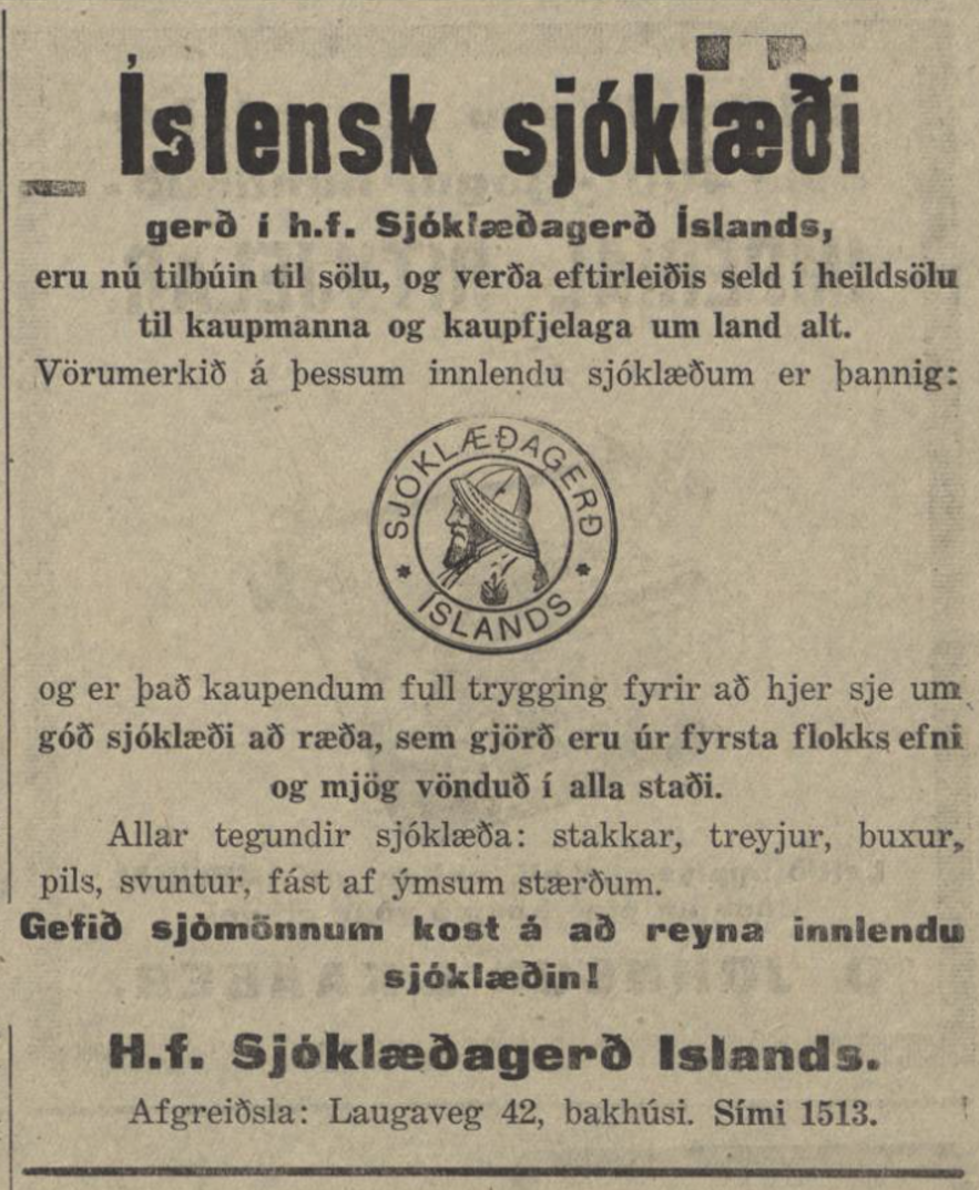 First newspaper advertisement for Sjóklæðagerð Íslands, which later became 66°North