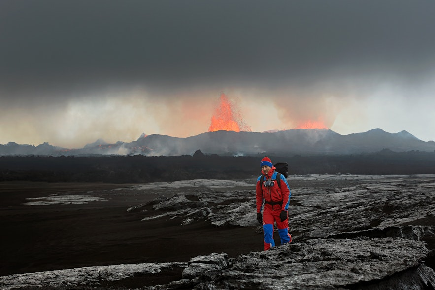 A member of Landsbjörg, a search and rescue team in Iceland, at Holuhraun volcano in 2014