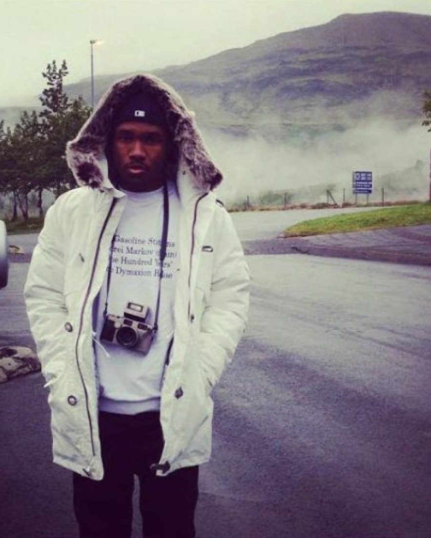 Frank Ocean wearing a parka from 66°North while visiting Iceland