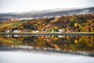 Akureyri is a beautiful town along a long fjord.