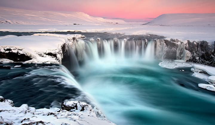 Goðafoss waterfall is located in the Bárðardalur district, found in Iceland's northeast.