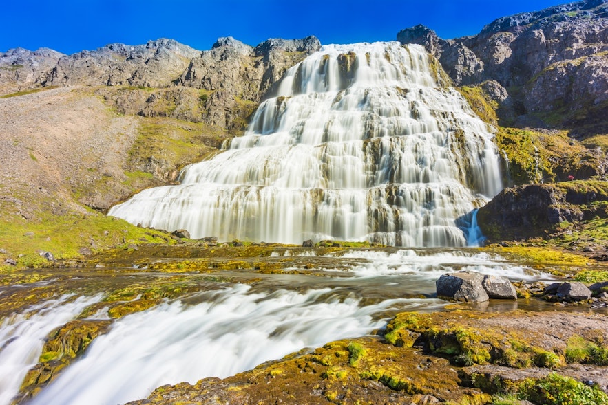 The Dynjandi waterfall in the Westfjords is accessible over the summertime.