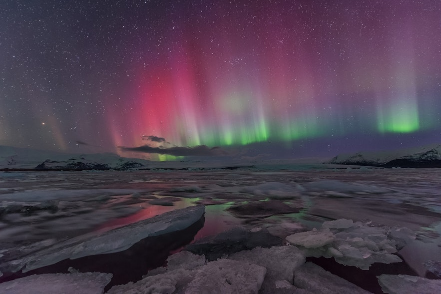 Auroras over Jokulsarlon glacier lagoon
