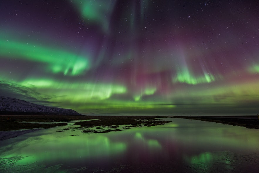 冰岛北极光，最常见的是绿色，有时还可能出现紫色的极光