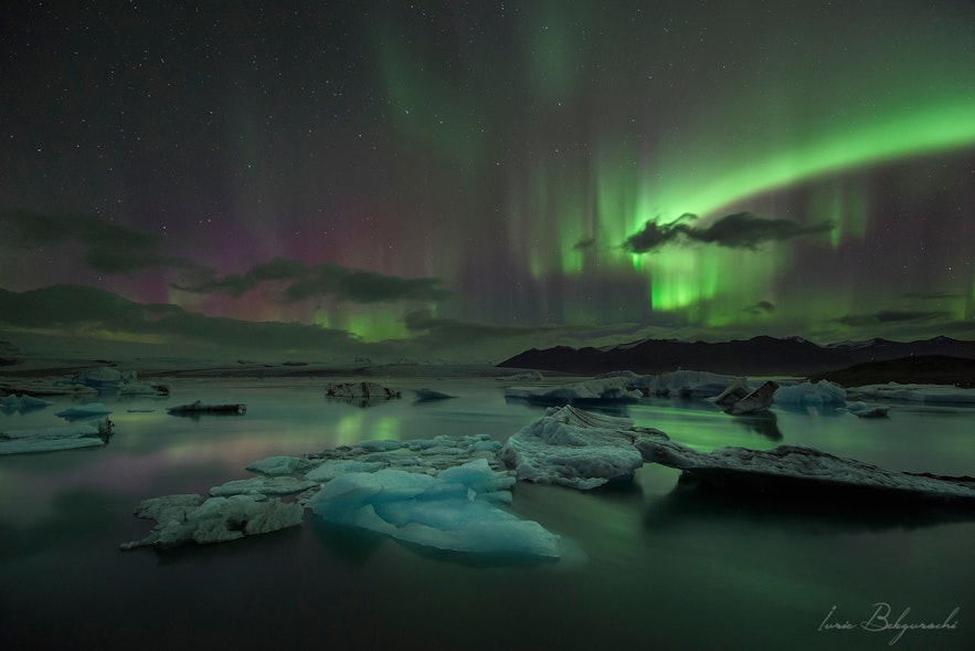 Auroras over Jökulsárlón glacier lagoon