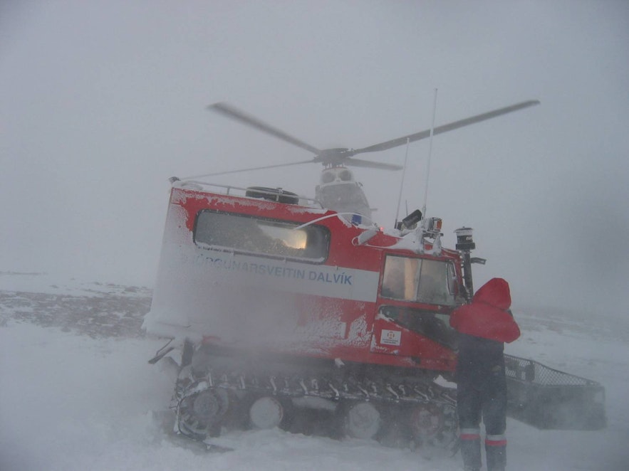An Icelandic rescue team in action in a snowstorm