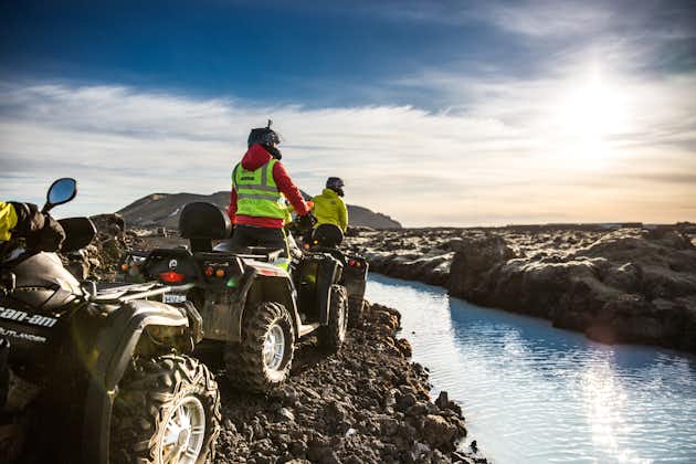 Two quad bikes in the rugged lava landscapes of the Reykjanes Peninsula by the Blue Lagoon.
