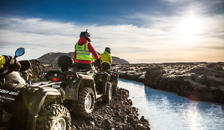 Two quad bikes in the rugged lava landscapes of the Reykjanes Peninsula by the Blue Lagoon.