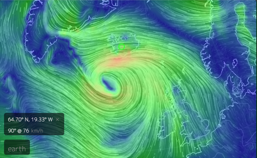 Weather map for storm in Iceland in December