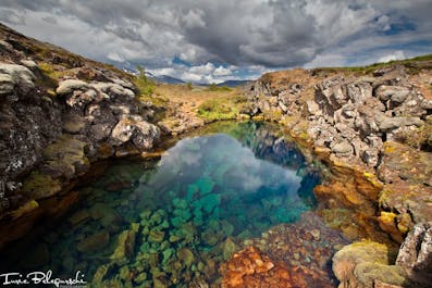 L'acqua che sgorga dal ghiacciaio Langjökull attraverso i campi di lava dell'Islanda meridionale emerge nei burroni del Parco Nazionale di Thingvellir.