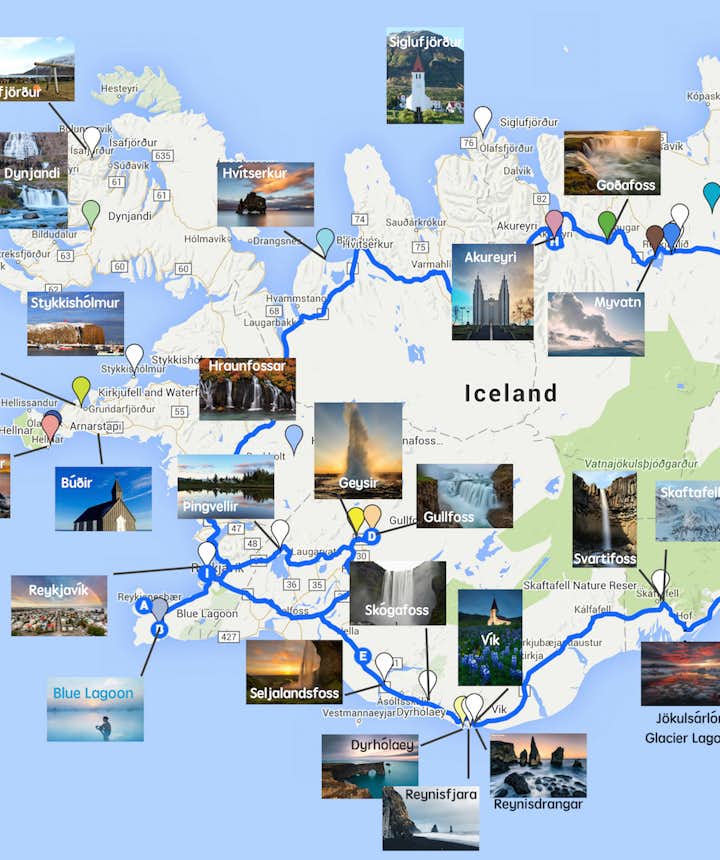 Carte de l'Islande avec les principaux sites à visiter le long de la route 1