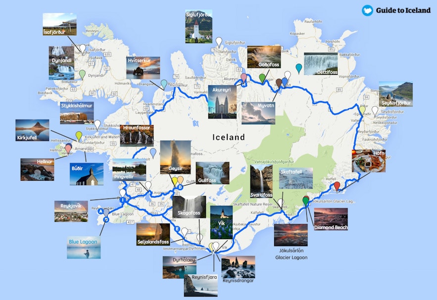 main attractions along the ring road circle of Iceland: map, location, and photos