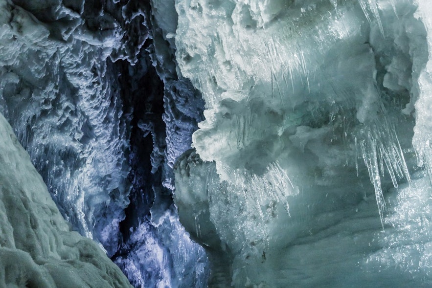 A natural crack that can be seen inside the man-made ice tunnels in LangjÃ¶kull glacier