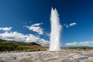 With a rush, Strokkur erupts boiling water over forty metres high.