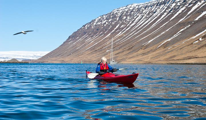 A floatation suit and lifejacket is provided for this summer kayaking tour from Ísafjörður.