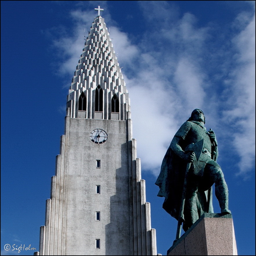 A statue of Leifur Eiríksson outside Hallgrímskirkja church in Reykjavík