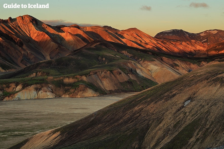 The Rhyolite mountains of Landmannalaugar change colours in keeping with the position of the sun.