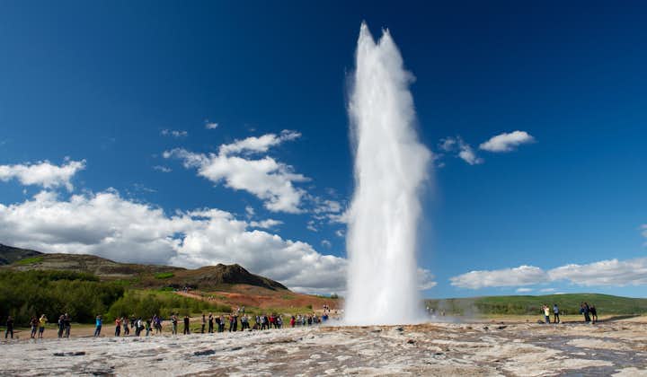 The Geysir Geothermal Area is renowned for its hot springs, fumaroles, mud pools, and geysers.