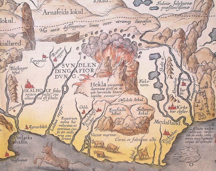 Une carte de 1585 montrant l’Hekla en éruption.