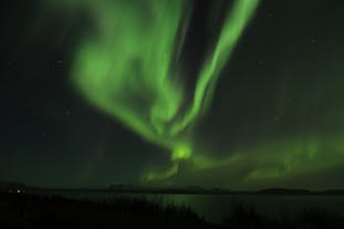 Zorza tańcząca na niebie, niedaleko Reykjaviku, na Islandii.