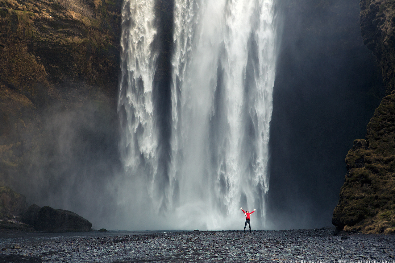 The South Coast waterfall Skógafoss is renowned for its scale, power, and closeness to Route 1, which encircles the country.