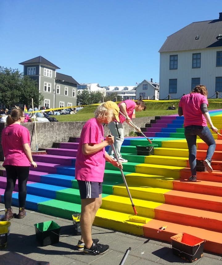 Gay Pride rainbow paint at the staircase of Iceland's oldest college