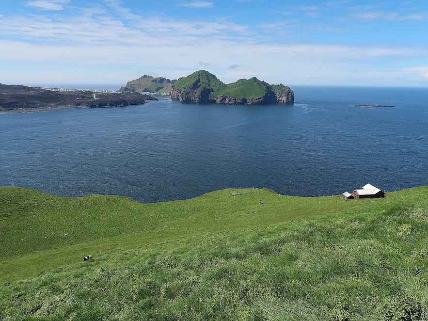 Bjarnarey Island is visible from Heimaey, the only populated landmass in the Westman Islands.