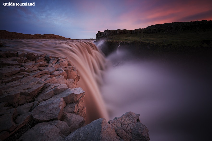 Dettifoss waterfall during the twilight of the Midnight Sun