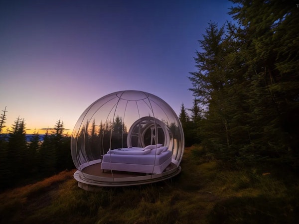 Each bubble room at Buubble Olvisholt is nestled in a serene forest near Selfoss in South Iceland.