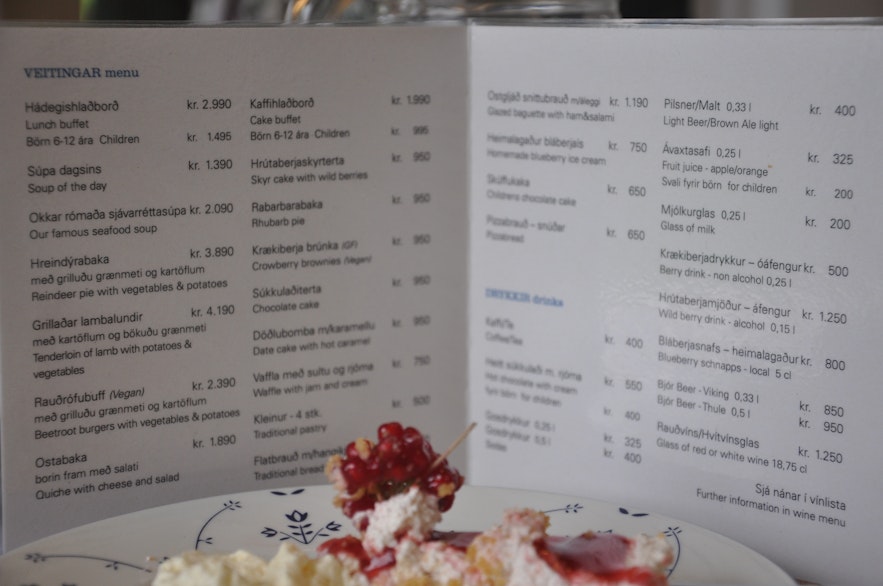 The menu at Skriðuklaustur, with some skyrcake in the front