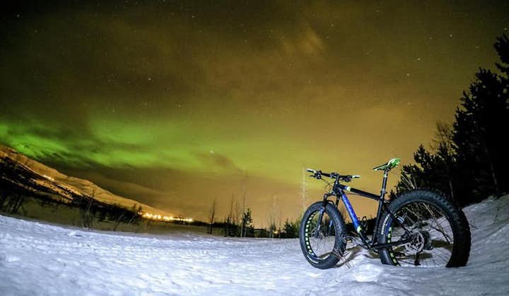 一辆专为户外地形设计、格外适合冰岛冬季路况的胖胎自行车，停放在了北极光下