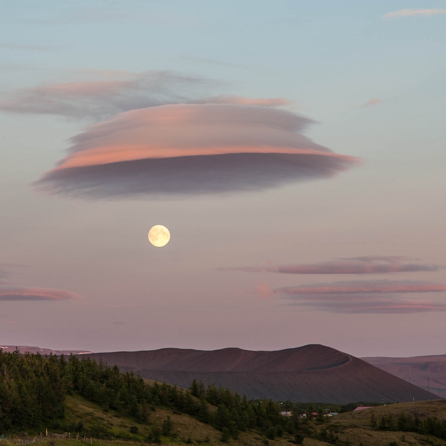 Supermoon over Hverfjall volcano by Lake Mývatn, north Iceland