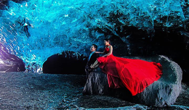 The ethereal beauty of the ice caves under Vatnajökull glacier are very romantic places - although you'll be very cold dressed like this!