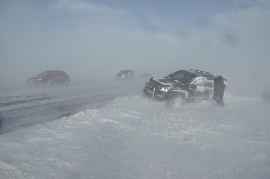 Cars stuck by the side of Iceland's road