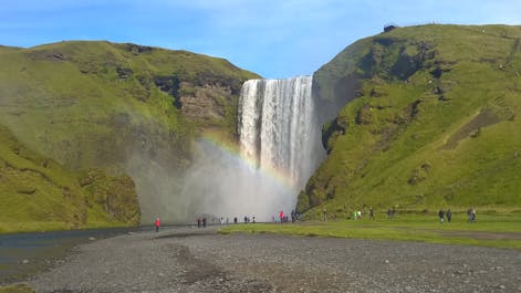 Skógafoss in South Iceland is known for its size, power, and rainbows in summer.