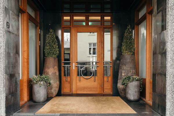 The elegant front entrance of 101 Hotel Reykjavik.