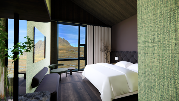 The bedrooms of the Glacier Lagoon Hotel have mountain or glacier views.