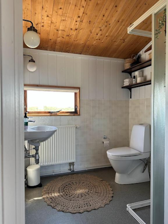 The bathroom at Hestaland Horse Farm Cottage, with a toilet and sink.