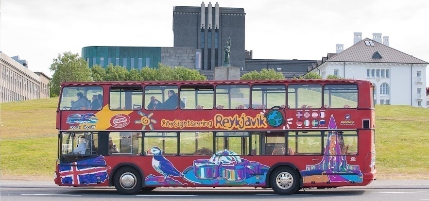 Hop On Hop Off tour bus in central Reykjavik, Iceland
