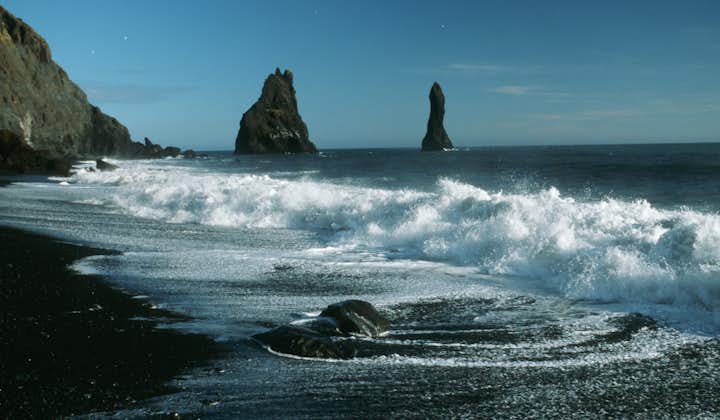 The distinctive black rock stacks that protrude from the coast at the famed Reynisfjara.