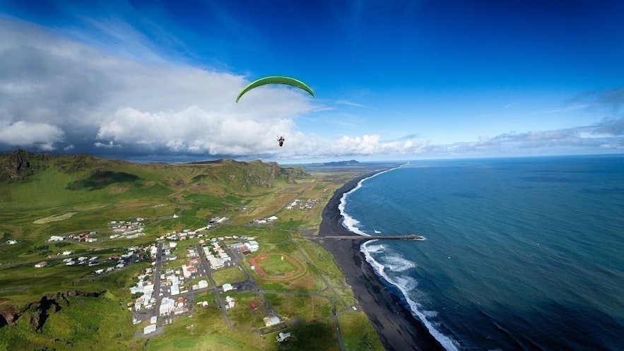 Paragliding over Vik on the south coast of Iceland