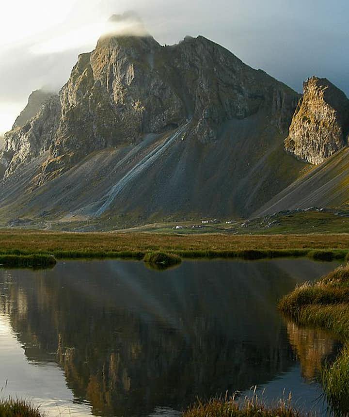 Reflection of Eystrahorn mountain in east Iceland