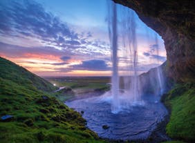 The view from behind the Seljalandsfoss waterfall on the South Coast of Iceland.
