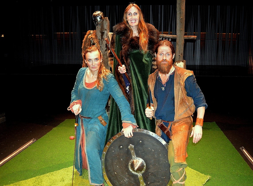 Regína with the actors of  the Icelandic Sagas in 75 Minutes at Harpa Concert Hall in Reykjavík