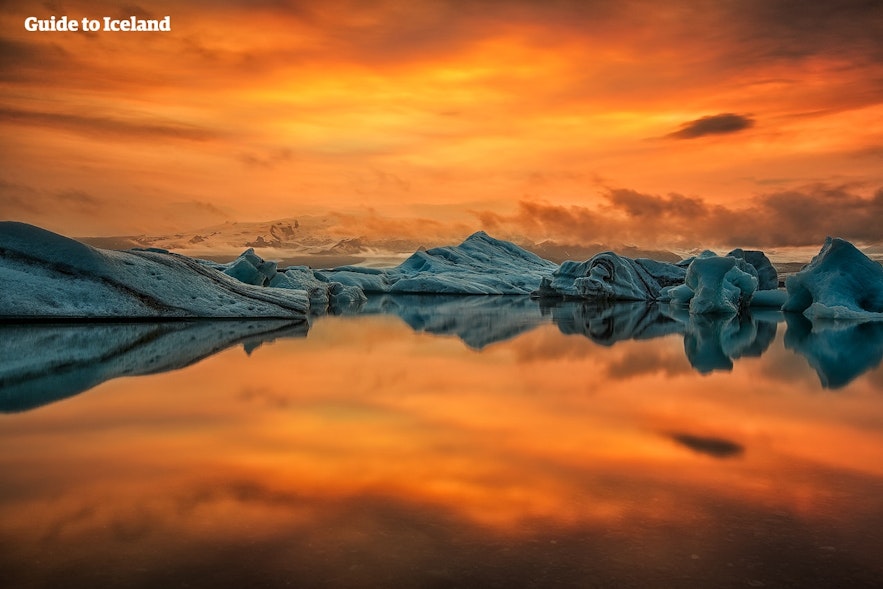 Jökulsárlon glacier lagoon, pictured here in sunset, is one of Iceland's most famous and beautiful locations.