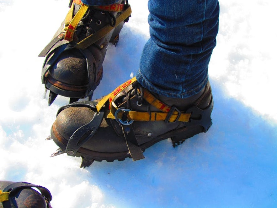 Crampons attached around a sturdy hiking boot make glacier hiking and ice climbing easy and enjoyable.