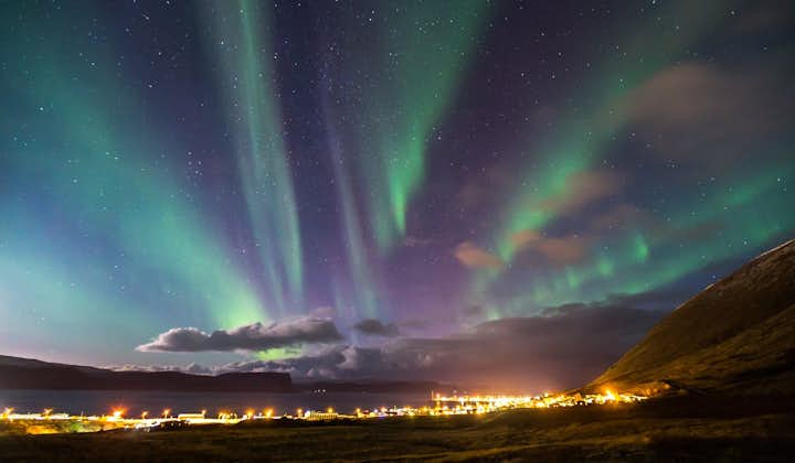 Blue and green aurora borealis descends over Patreksfjörður in the Westfjords in winter.