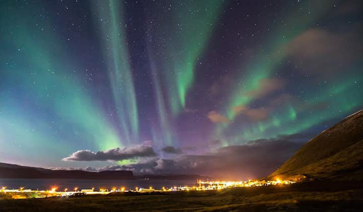 蓝色、粉色的北极光降落在冰岛西峡湾的纯净夜空。