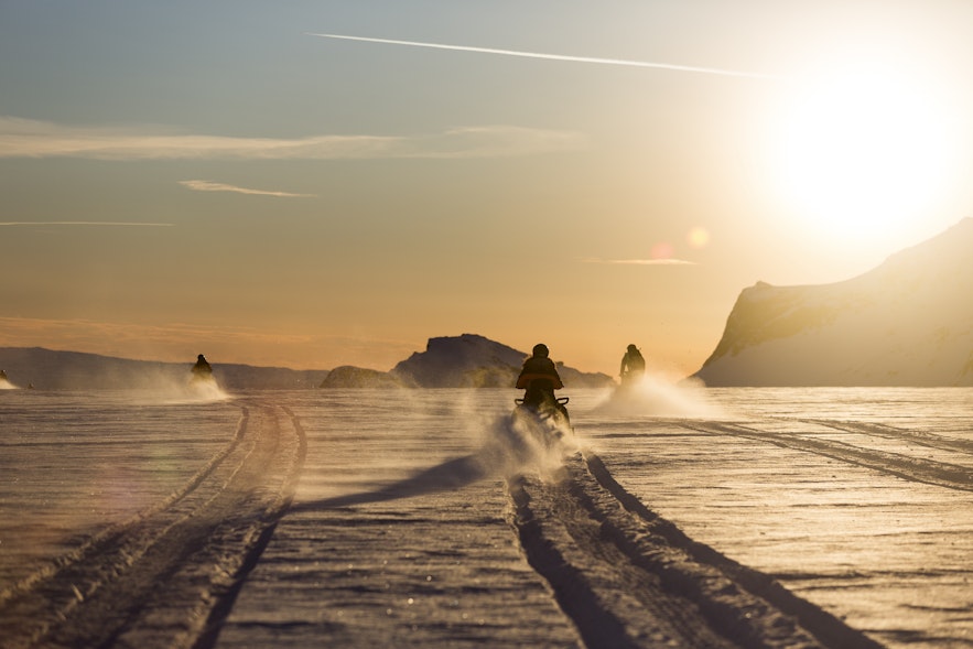 Snowmobiling on Langjökull glacier is a very popular excursion.