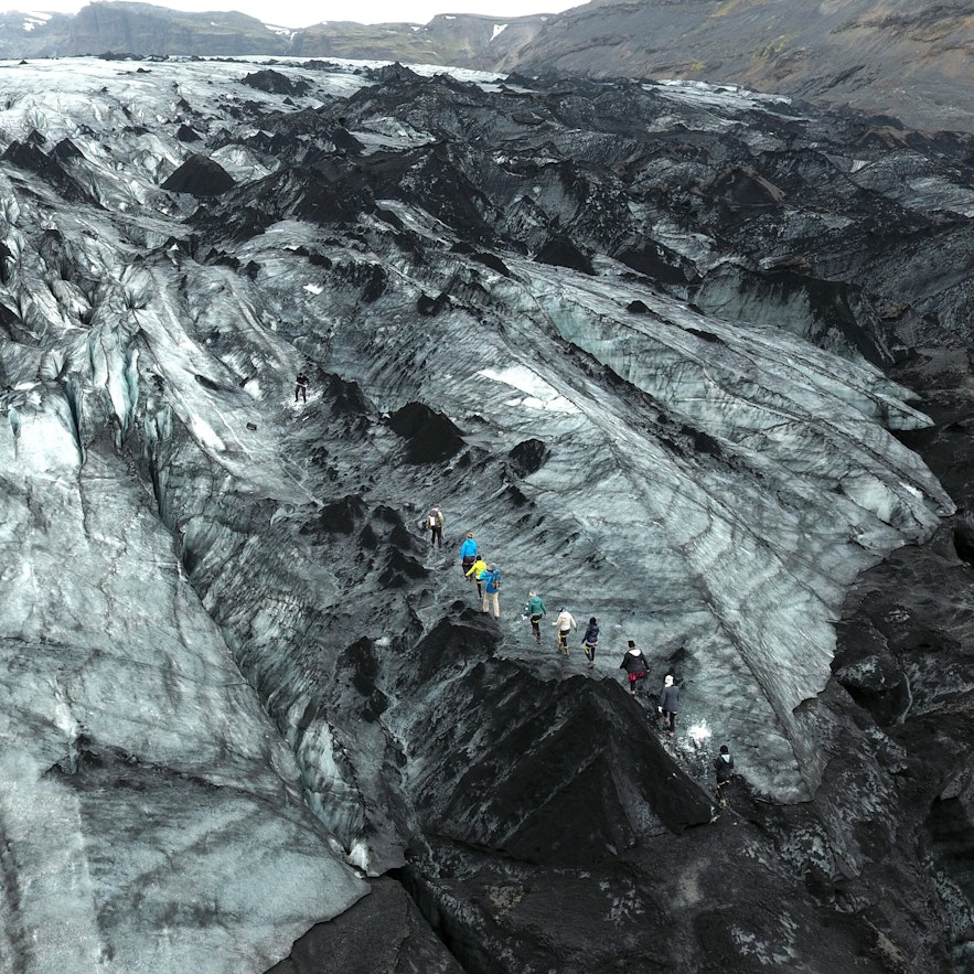 Sólheimajökull is renowned for its colouration, with powder white snow, black ash, and blue ice.